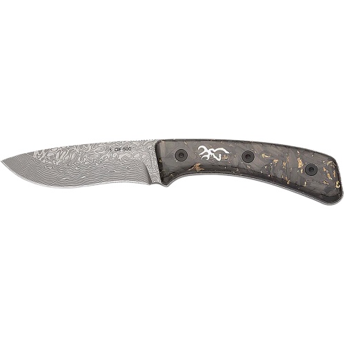 Browning Rock 3.50" Fixed Drop Point Plain Acid Etch Damascus Blade, Carbon Fiber Handle
