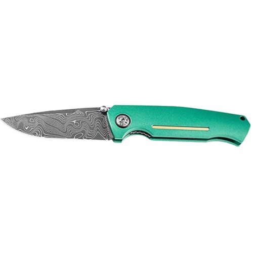 Boker 3.22" Drop Point Plain Damascus Blade Green Aluminum Handle (NO RESERVE)
