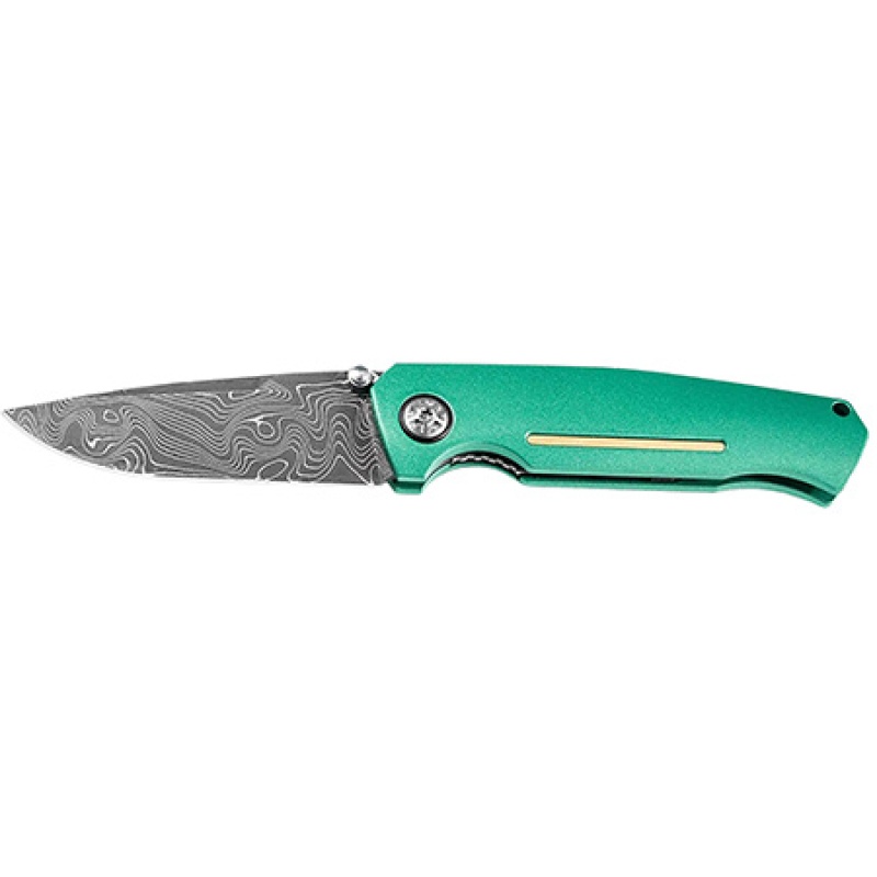 Boker 3.22" Drop Point Plain Damascus Blade Green Aluminum Handle (NO RESERVE)