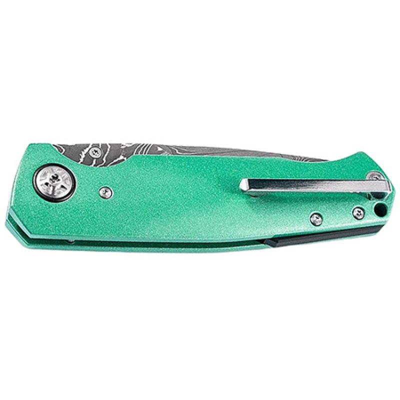 Boker 3.22" Drop Point Plain Damascus Blade Green Aluminum Handle (NO RESERVE)